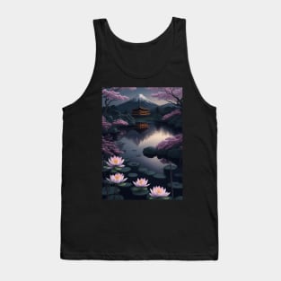 Serene Mount Fuji Sunset - Peaceful River Scenery - Lotus Flowers Tank Top